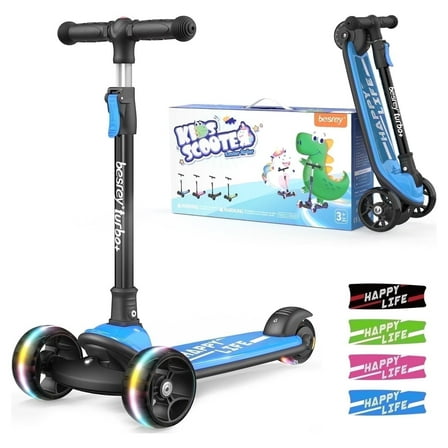 Besrey Kids 3 Wheel Scooter for Ages 3-10 Years Boys/Girls,Kick Scooter for Toddler with LED Light Wheels and Foldable Adjustable Height,Blue