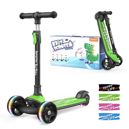 Besrey Toddler Scooter 3 Wheel for Ages 3-10 Years Boys and Girls,Kids Kick Scooter with LED Light Wheels and Foldable Adjustable Height,Green