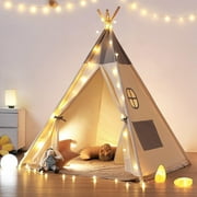 Besrey Kids Teepee, Play Tent with String Lights & Mat, Portable Canvas Playhouse for Indoor Outdoor
