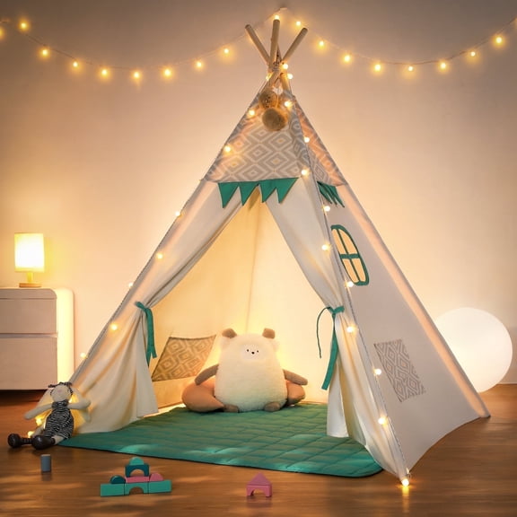 Besrey Kid Teepee Play Tent with String Lights & Thickened Mat,Kids Indoor Outdoor Playhuose Tent,Green