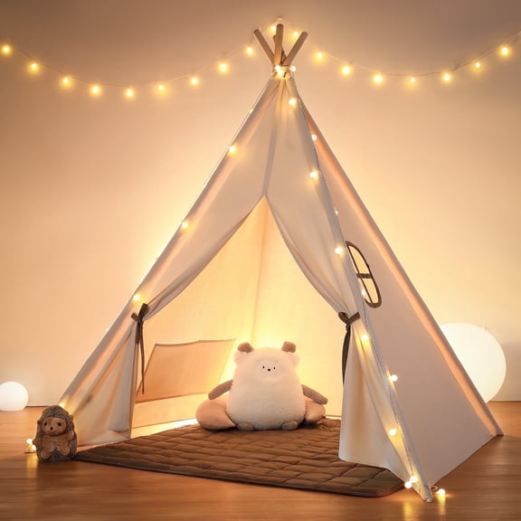 Besrey Kids Teepee Play Tent with String Lights & Thickened Mat,Kids Indoor Outdoor Playhuose Tent,Off White