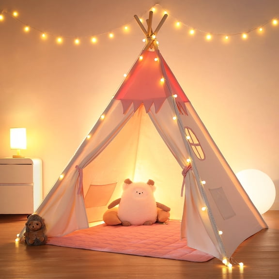 Besrey Kid Teepee Play Tent with String Lights & Thickened Mat,Kids Indoor Outdoor Playhuose Tent, Pink