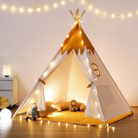 Besrey Kid Teepee Play Tent with String Lights & Thickened Mat,Kids Indoor Outdoor Playhuose Tent,Yellow