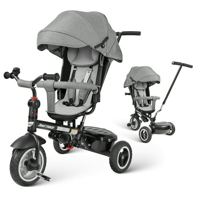 Besrey Kids Tricycle Stroller, 7 in 1 Baby Trike with Reversible Seat for Child Age 1-6, Unisex Gray