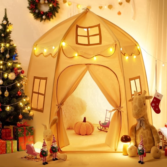Besrey Toddler Playhuose Tent for Boys and Girls,Kid Play Tent with Indoor / Outdoor,Child Playhouse with Lights,Beige