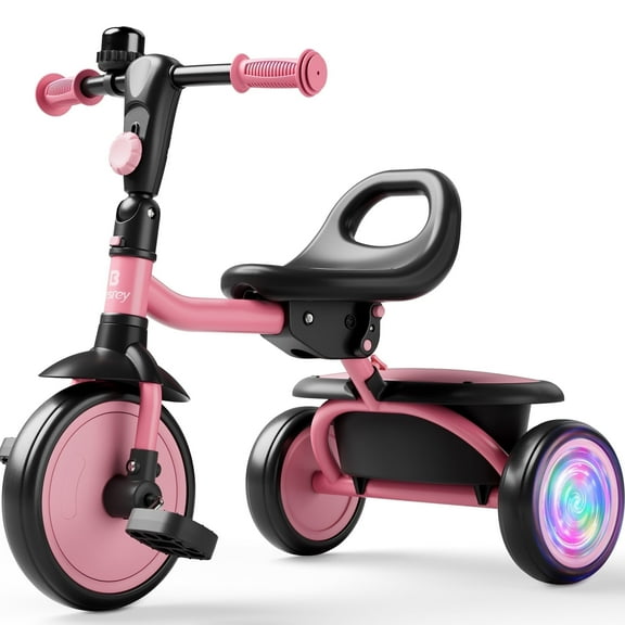 Besrey Toddler Tricycle for Ages 2-5 Years Girls and Boys with Flash Wheels,Kids Trike Bicycles with Bell,Pink