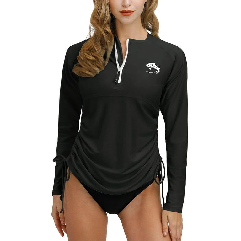BesserBay Athletic Swim Shirt for Womens Long Sleeve Rash Guard Zip Bathing  Suit Rashguard Black L