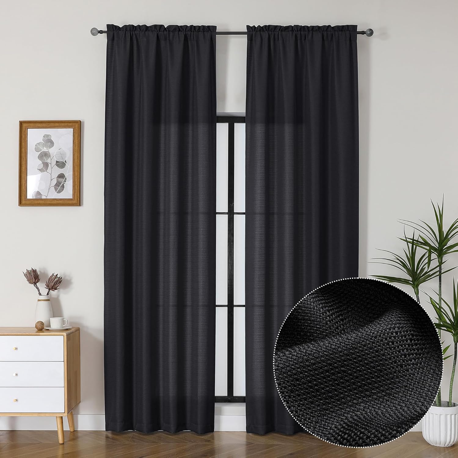 Bessie Black Curtains 96 Inches Long 2 Panels Set, Light Filtering ...