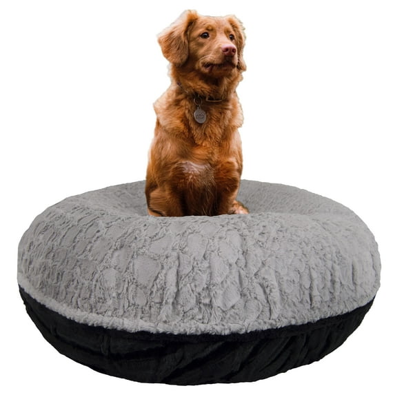 Bessie and Barnie Signature Serenity Grey / Black Puma Luxury Extra Plush Faux Fur Bagel Pet/ Dog Bed