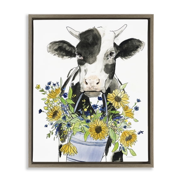 Stupell Industries Bessie in the Sunflowers Cow Brown Framed Floater Canvas Wall Art, design by Kamdon Kreations