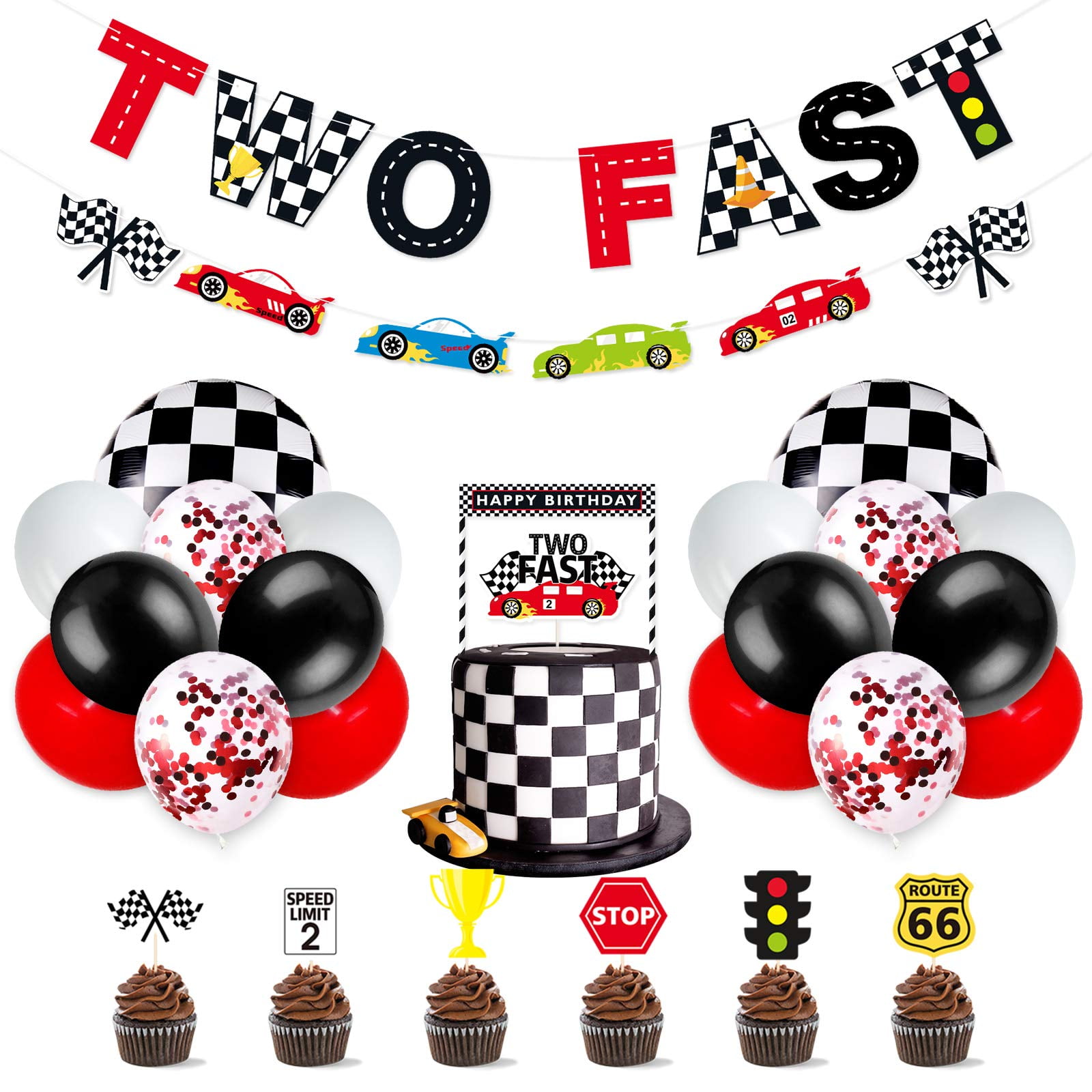 Bessmoso Two FastEGSCBirthday Decor 52 Pcs Racing Car Party Supplies 2 Fast Birthday Decorations Include Race Car Balloons Banner Cake Topper Cupcake Toppers for Racing Theme Party Decoration