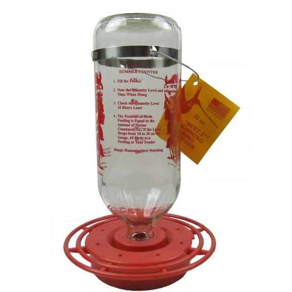Birds Choice Glass Hanging Hummingbird Nectar Feeder, Red, 32 Ounce Capacity