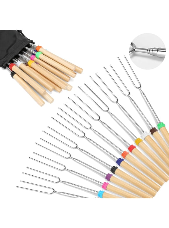 Best 12 PACKS 32" Marshmallow Roasting Sticks Set of 8 BBQ Skewers, Smores & Hot Dog Fork with Wooden Handle and Carrying Pouch Great for Outdoor Barbecue Grill and Campfire Pit