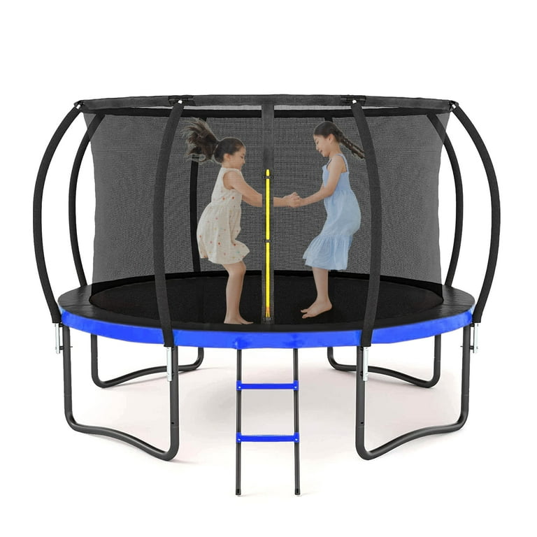 Best 12FT Outdoor Big Trampoline With Inner Safety Enclosure Net Ladder PVC Spring Cover Padding For Kids Black Blue Color