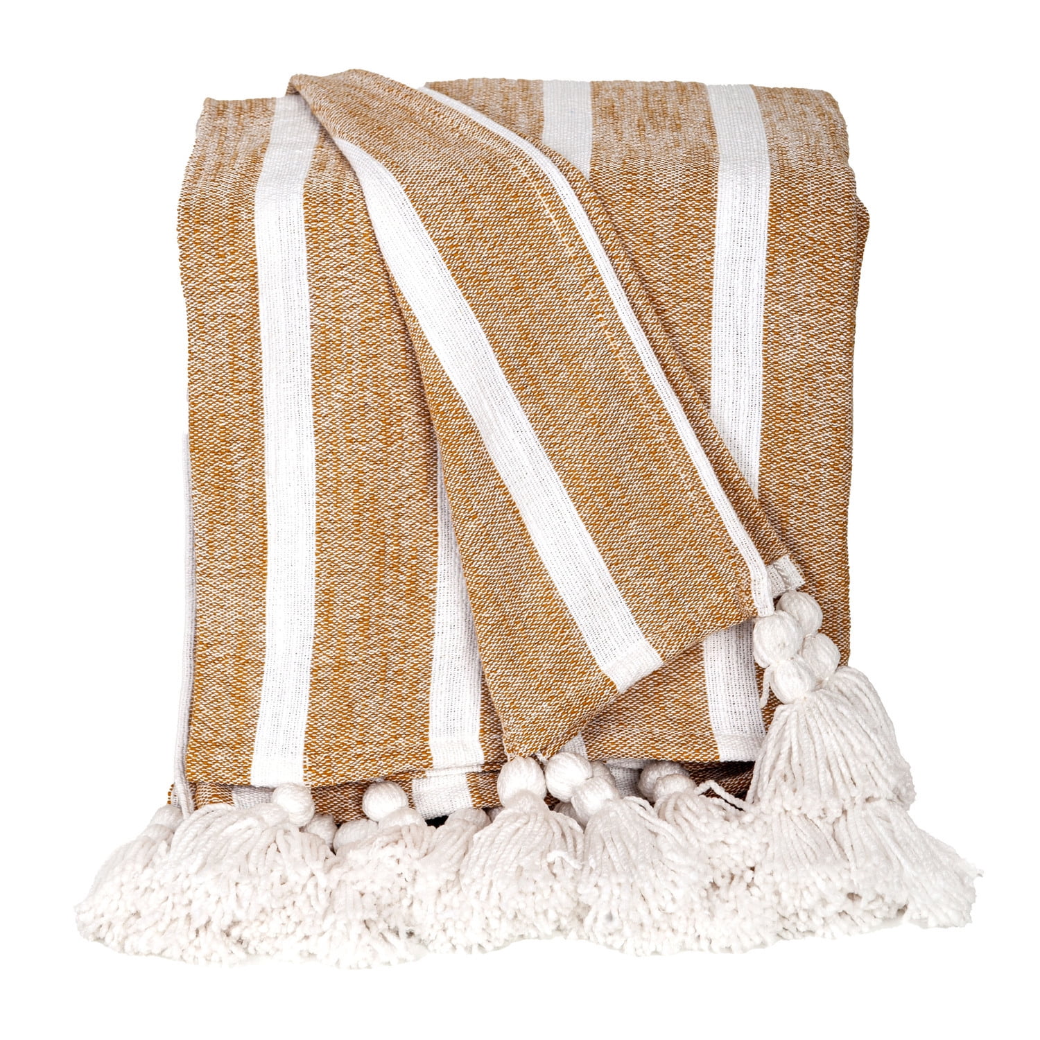 Mustard and White Cotton Slub Throw with Tassels, 50” x 60”