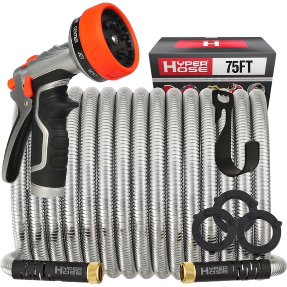 Best 75 ft Metal Garden Hose Set - No-Kink Durable 316 Stainless Steel, 10-Way Zync Spray Nozzle & Hook Tough Flexible Heavy Duty Water Hoses, 5/8 in, Rust, Weather, LeakProof