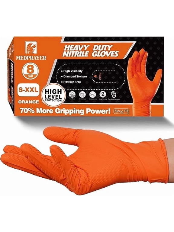 Best 8 Mil Nitrile Gloves for Mechanics Industrial Grade, Powder-Free, Diamond Texture (Orange)