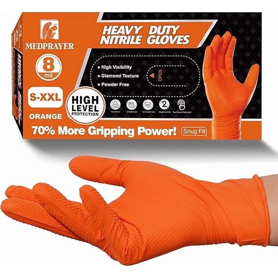 Best 8 Mil Nitrile Gloves for Mechanics – Industrial Grade, Powder-Free, Diamond Texture (Orange)