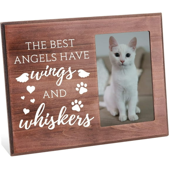 The Best Angels Have Wings and Whiskers Picture Frame 4x6 inch Pet Memorial Picture Frame with Paw Prints Pattern Hanging/Tabletop Wooden Pet Sympathy Gift Frame for Loss of Dog or Cat Brown