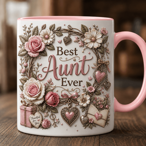 Best Aunt Ever Mug Floral Wreath Heart Charm Coffee Cup Gift for Aunt