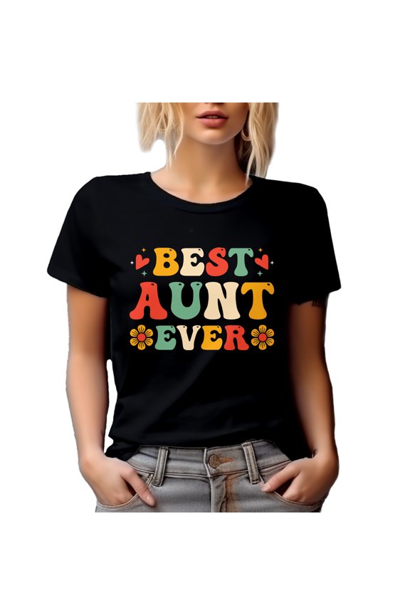 Best Aunt Ever, Retro Groovy Text, Auntie Appreciation, Black T-Shirt, Medium