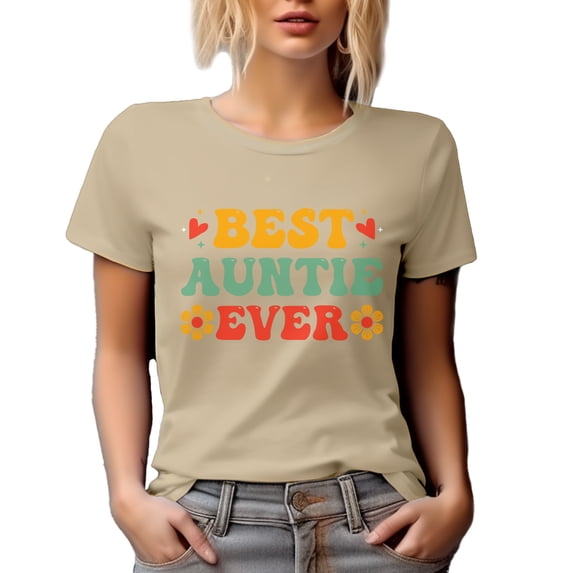 Best Auntie Ever, Retro Groovy Text, Tan T-Shirt, Small