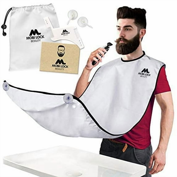 Beard Shaving Catcher Bib – The Smart Way to Shave – Beard Trimming Apron & Shaving Cape – Perfect Grooming Gift or Men's Birthday Gift – Includes Shaping Comb, Storage box, & E-Book - by Mobi Lock
