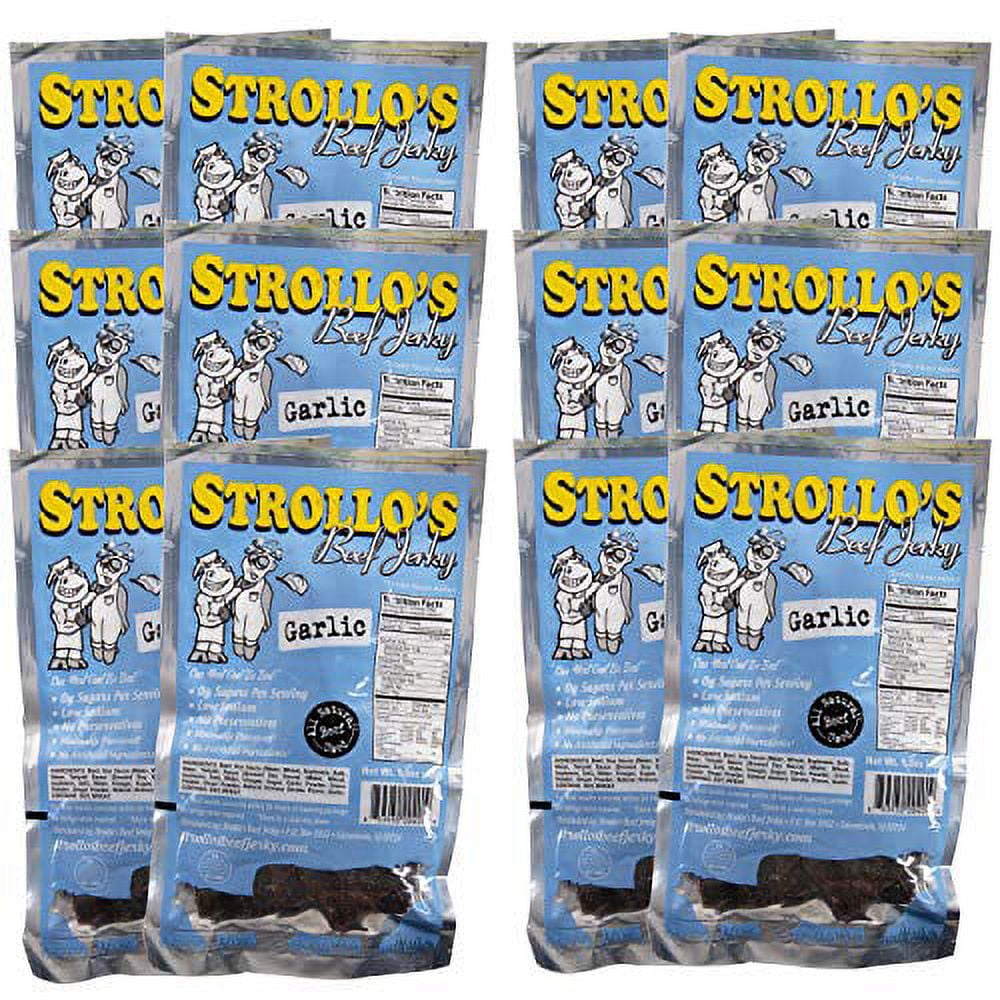 Best Beef Jerky by Strolloâ€™s Garlic Flavor 12 Pack - Low Sodium, Low Sugar, No Preservatives - Made with All Natural USA Beef