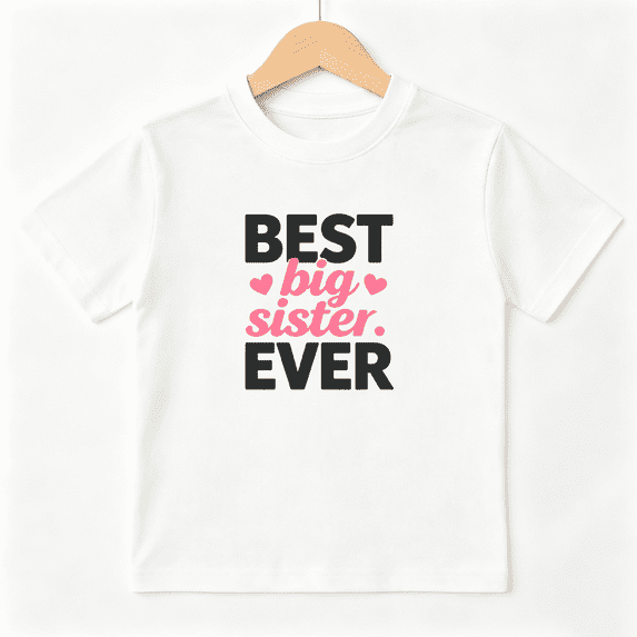 Best Big Sister Ever Girls Graphic Tee, Cute Pink Hearts Family 100% Cotton Kids Short Sleeve T-Shirt