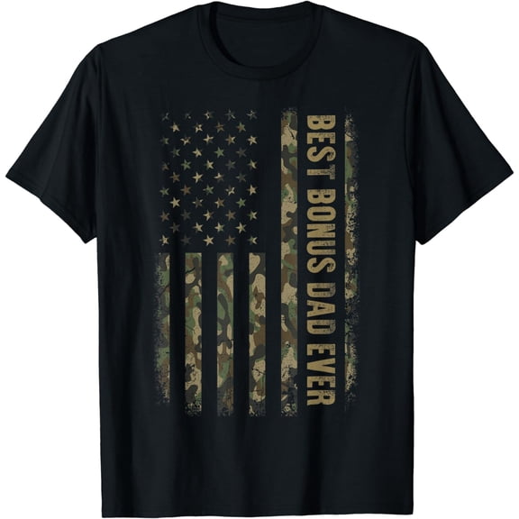 Best Bonus Dad Ever Camouflage American Flag Father's Day T-Shirt