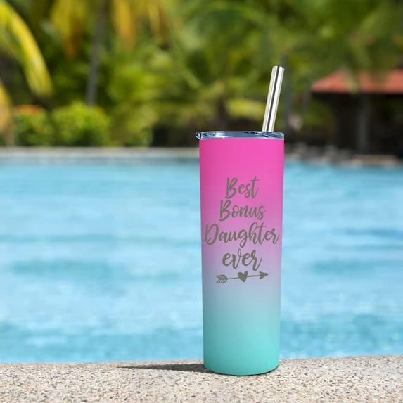 Best Bonus Daughter Gifts for Daughter In Law Birthday Mothers Day Gift from Mom Dad 20 oz Bonus Daughter Skinny Tumbler Christmas Gift For Step Daughter From Mother Father Cup Gifts with Lid Straw