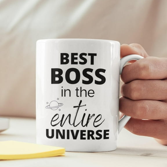 Best Boss in the Entire Universe Coffee Mug, White Ceramic, Novelty Gift, Funny Ceramic Coffee Cup with Planet And Stars Design Appreciation Gift for Bosss Day, Birthday, or Office Use, 11oz