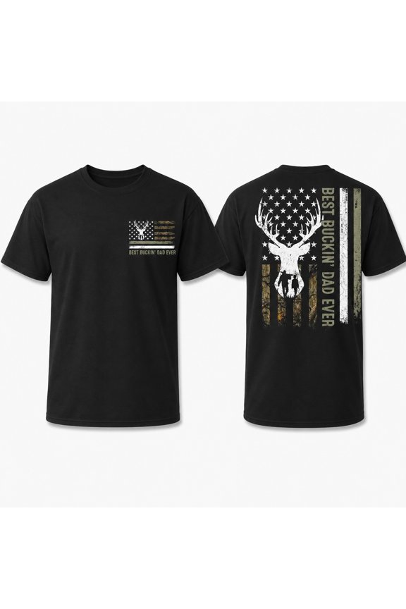 Best Buckin Dad Ever Hunting T-Shirt, Camo Flag Deer Graphic Unisex Tee