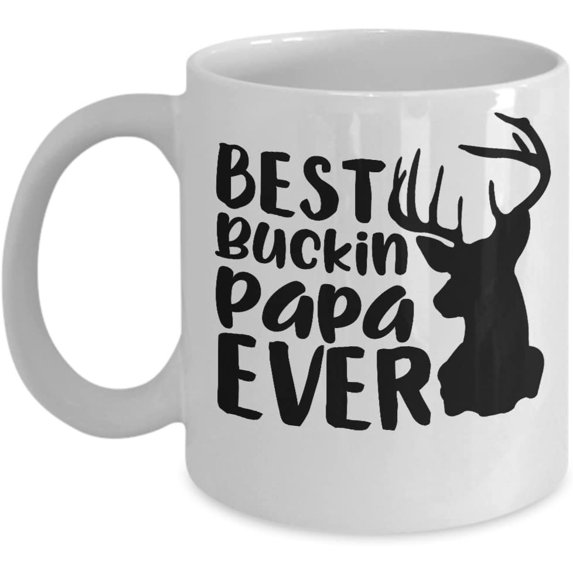 Best Buckin Papa Mug for Grandpa or Dad for Fathers Day Birthday Christmas Funny Deer Hunting Pun 11 or 15 oz. White Ceramic Coffee Tea Cup with Sayings for Men Him
