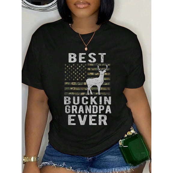 Best Bucking Grandpa Ever Camouflage US Flag Deer Hunting Relaxed Fit Classic Comfort Cotton T-Shirt Women's Men's Graphic Tee Crew Neck summer vacation Tops