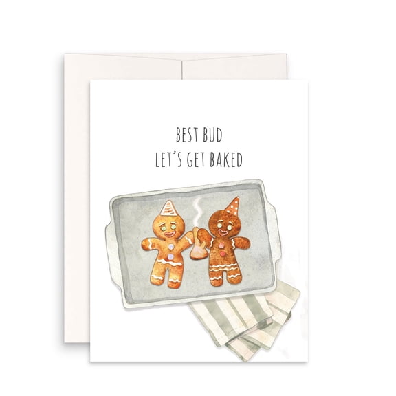 Best Bud Let's Get Baked Greeting Card  Fun Gingerbread Design with Envelope  Perfect for Friends or Baking Enthusiasts