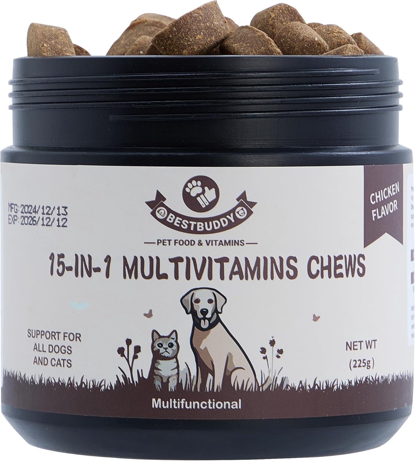 Best Buddy Multivitamin 15-in-1 Treats for Dogs, Complete Health Supplement Joint Support + Digestive Enzymes, Grain Free Dog Vitamins and Supplements for Skin & Coat (Chicken, 225g)