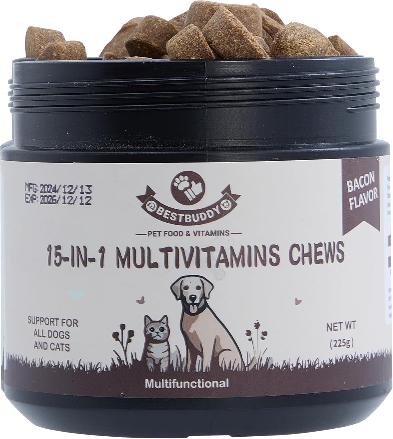 Best Buddy Multivitamin 15-in-1 Treats for Dogs, Complete Health Supplement Joint Support + Digestive Enzymes, Grain Free Dog Vitamins and Supplements for Skin & Coat (Pork, 225g)