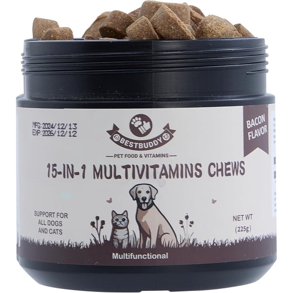 Best Buddy Multivitamin 15-in-1 Treats for Dogs, Complete Health Supplement Joint Support + Digestive Enzymes, Grain Free Dog Vitamins and Supplements for Skin & Coat (Pork, 225g)