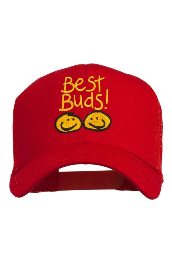 Best Buds Smile Faces Embroidered Mesh Cap - Red OSFM