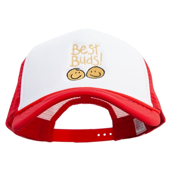 Best Buds Smiley Face Embroidered Big Size Big Foam Mesh Truck Cap - White Red XL-3XL