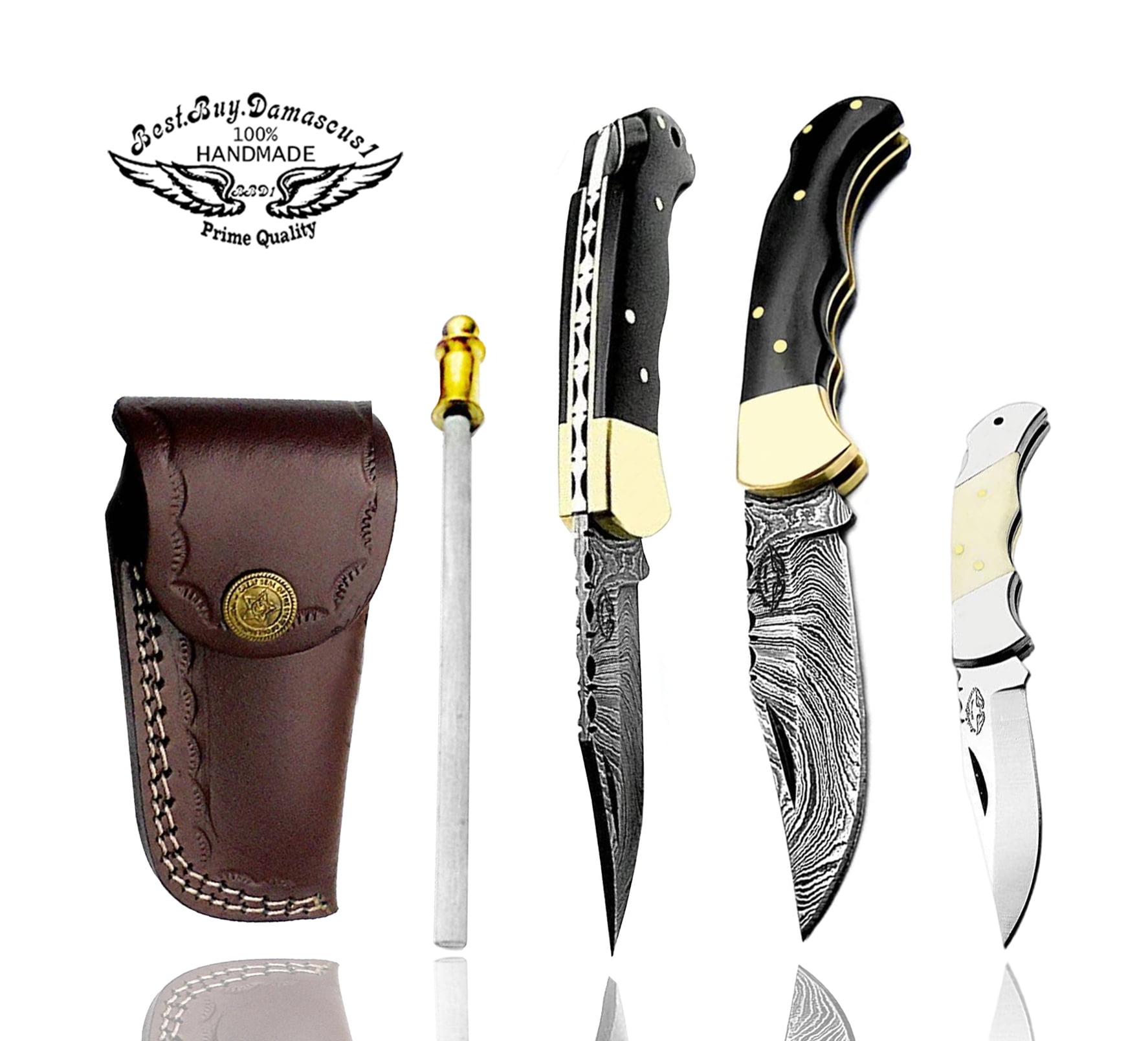 Best.Buy.Damascus1 Pocket Knife Set, Buffalo Horn Damascus Steel Hunting Knives, 3 in Blade, Black