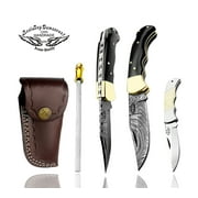 Best.Buy.Damascus1 Pocket Knife Set, Buffalo Horn Damascus Steel Hunting Knives, 3 in Blade, Black