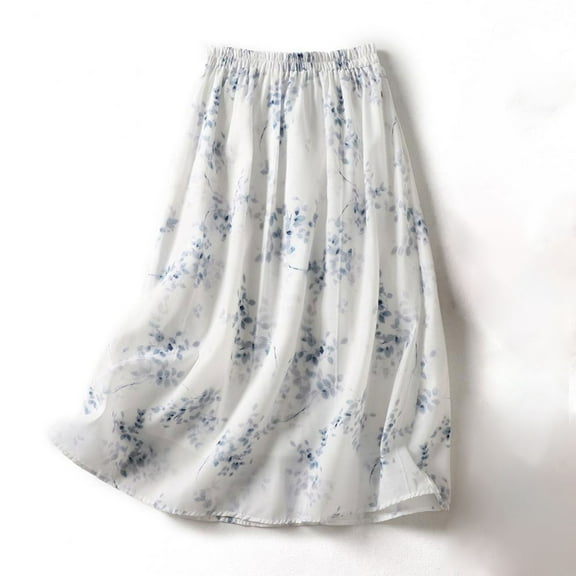 Best Buy Women's Chiffon Elastic High Waist Pleated A-Line Flared Maxi Skirts Ndbuld Floral Double-layer Mid-length A-line Skirt Girl,White,XL