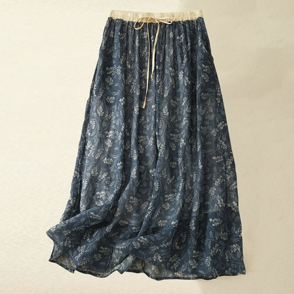 Best Buy Women's Chiffon Elastic High Waist Pleated A-Line Flared Maxi Skirts Ndbuld Floral Vintage Mid-length A-line Skirt Girl,Blue,M
