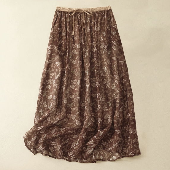 Best Buy Women's Chiffon Elastic High Waist Pleated A-Line Flared Maxi Skirts Ndbuld Floral Vintage Mid-length A-line Skirt Girl,Coffee,L