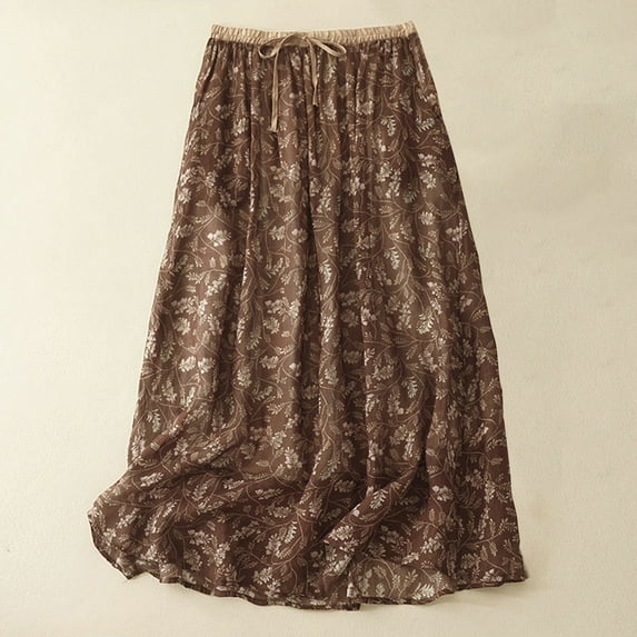 Best Buy Women's Chiffon Elastic High Waist Pleated A-Line Flared Maxi Skirts Ndbuld Floral Vintage Mid-length A-line Skirt Girl,Coffee,XL