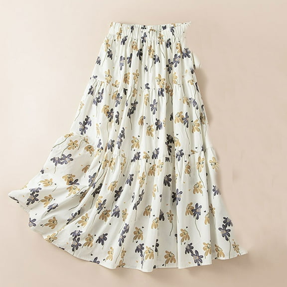 Women's Chiffon Elastic High Waist Pleated A-Line Flared Maxi Skirts Ndbuld Vintage Floral Medium Long A-line Thin Dress Lady,White,2XL