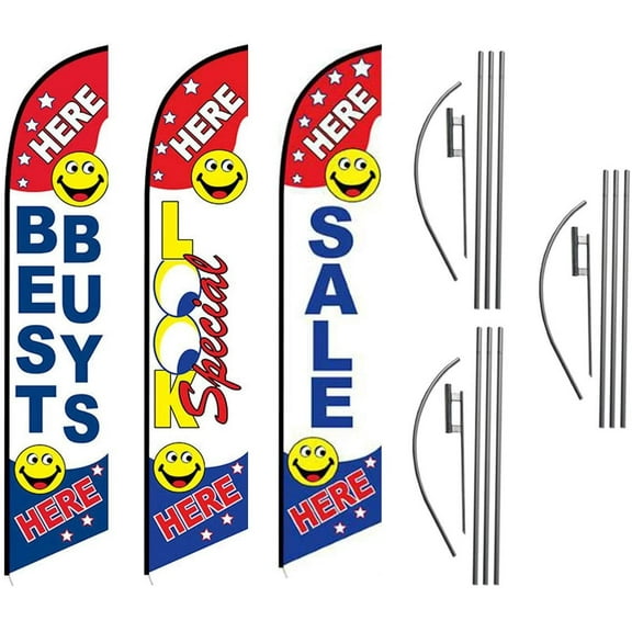 Best Buys Look Special Sale Here Advertising Feather Flag Kits Package, Includes 3 Banner Flags, 3 Flag Poles, and 3 Ground Stakes by Feather Flag Nation