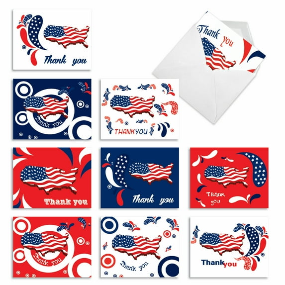 The Best Card Company 10 Assorted Blank Thank You Notecards Set 4 x 5.12 Inch with Envelopes (10 Designs, 1 Each) UNITED THANKS OF AMERICA: 10 Assorted Blank Note Cards. M2376TYB